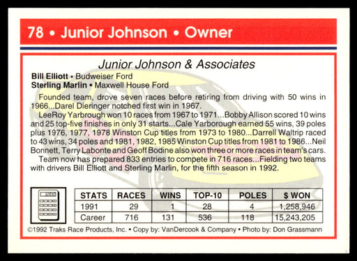 Junior Johnson 1992 Traks Base Back of Card