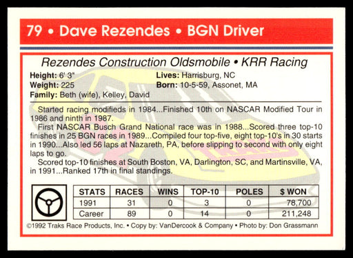 Dave Rezendes 1992 Traks Base Back of Card