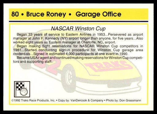 Bruce Roney 1992 Traks Base Back of Card