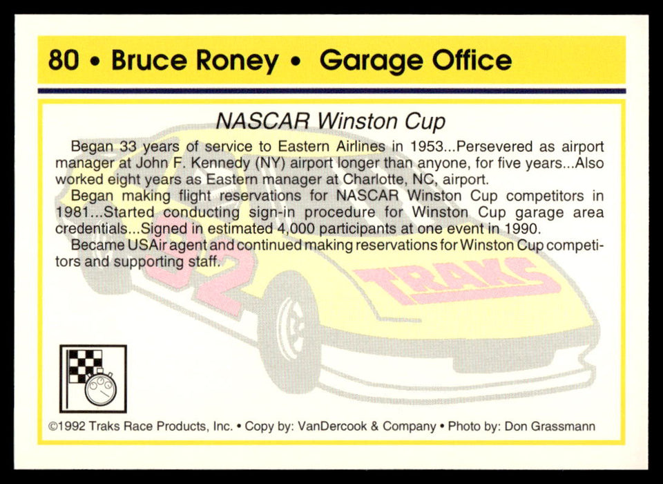 Bruce Roney 1992 Traks Base Back of Card