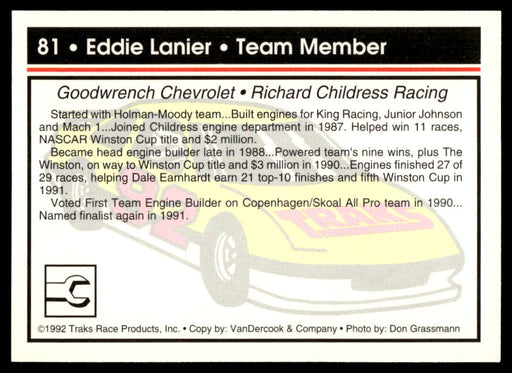 Eddie Lanier 1992 Traks Base Back of Card