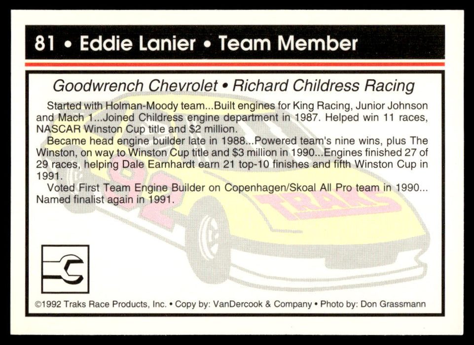 Eddie Lanier 1992 Traks Base Back of Card