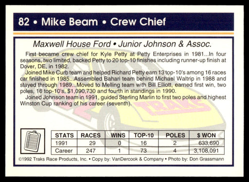 Mike Beam 1992 Traks Base Back of Card