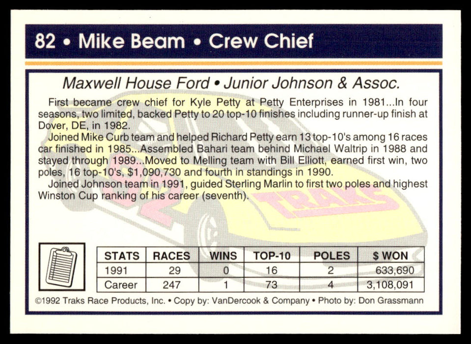 Mike Beam 1992 Traks Base Back of Card