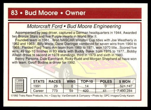 Bud Moore 1992 Traks Base Back of Card
