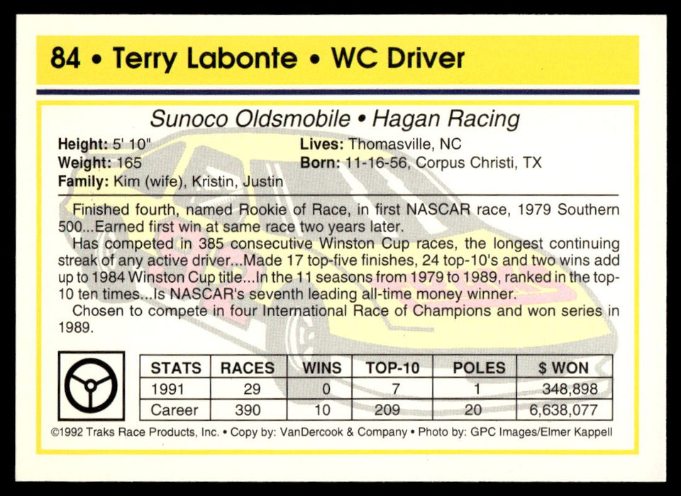 Terry Labonte 1992 Traks Base Back of Card