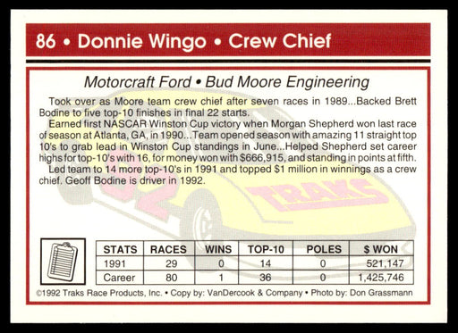 Donnie Wingo 1992 Traks Base Back of Card