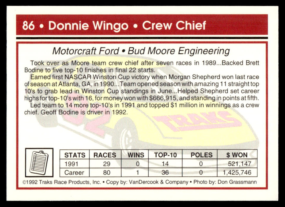 Donnie Wingo 1992 Traks Base Back of Card