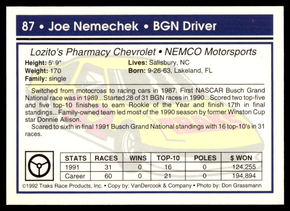 Joe Nemechek 1992 Traks Base Back of Card