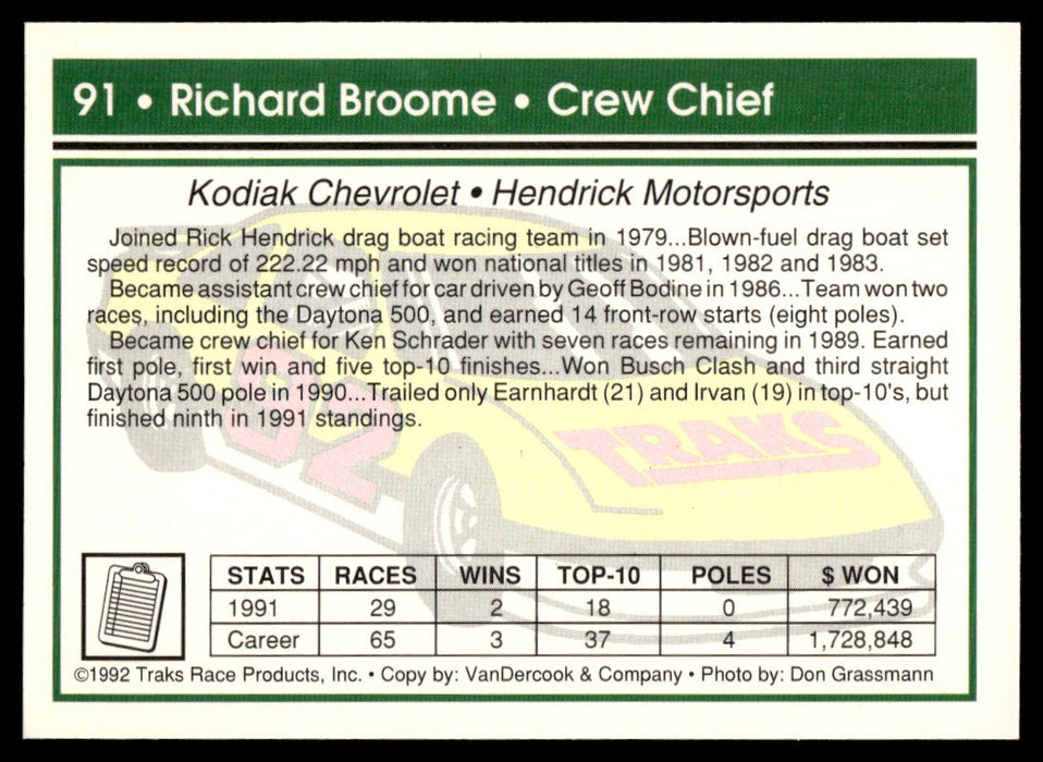 Richard Broome 1992 Traks Base Back of Card