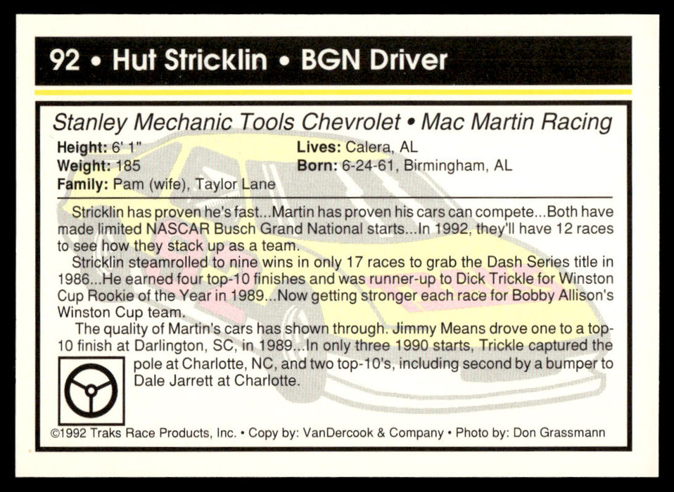 Hut Stricklin 1992 Traks Base Back of Card