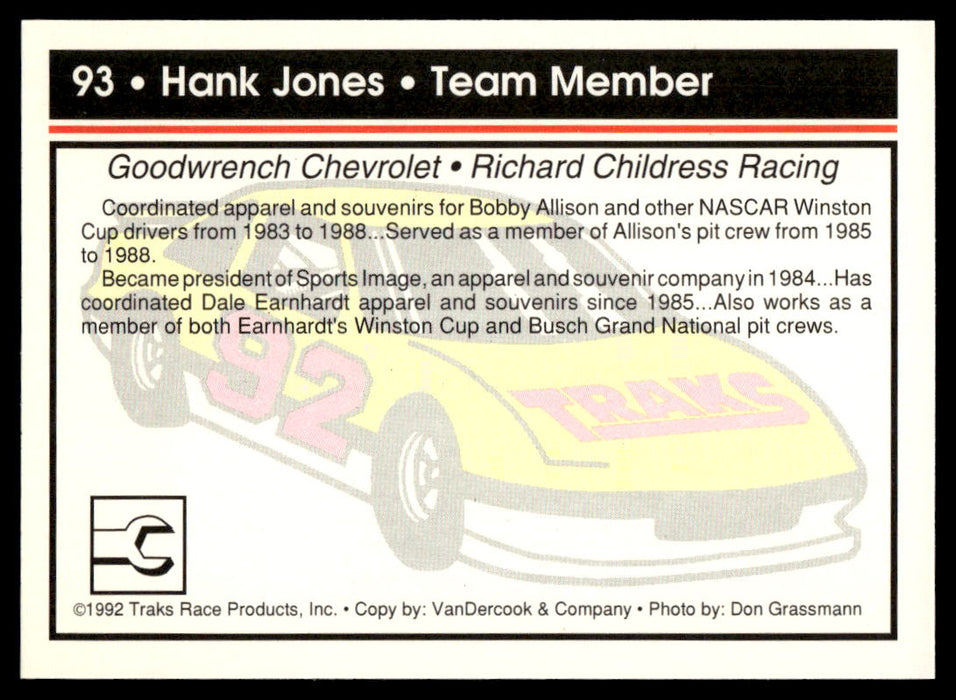 Hank Jones 1992 Traks Base Back of Card