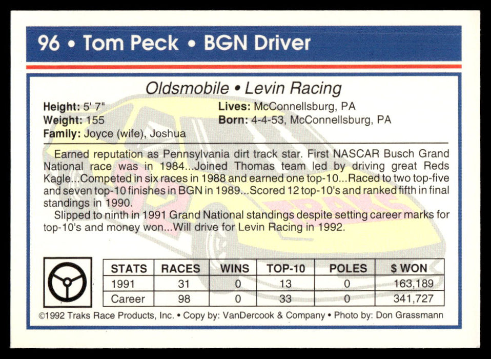 Tom Peck 1992 Traks Base Back of Card