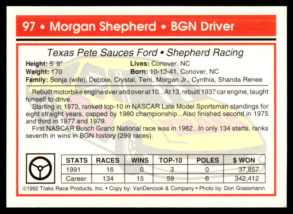 Morgan Shepherd 1992 Traks Base Back of Card