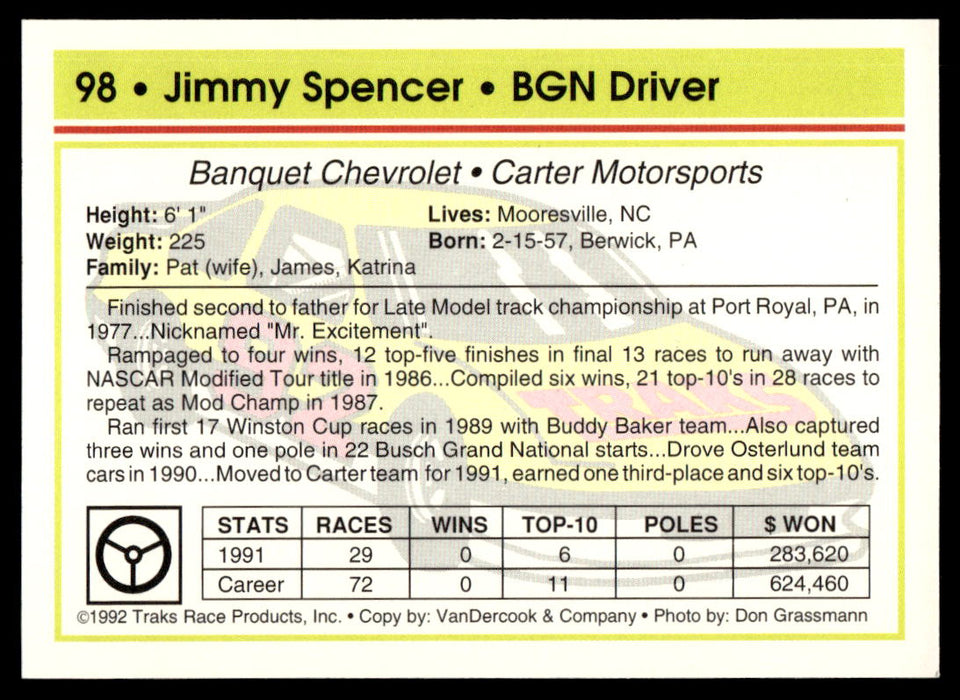 Jimmy Spencer 1992 Traks Base Back of Card