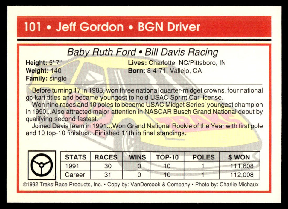 Jeff Gordon 1992 Traks Base Back of Card