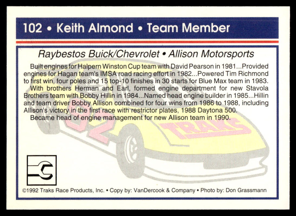 Keith Almond 1992 Traks Base Back of Card