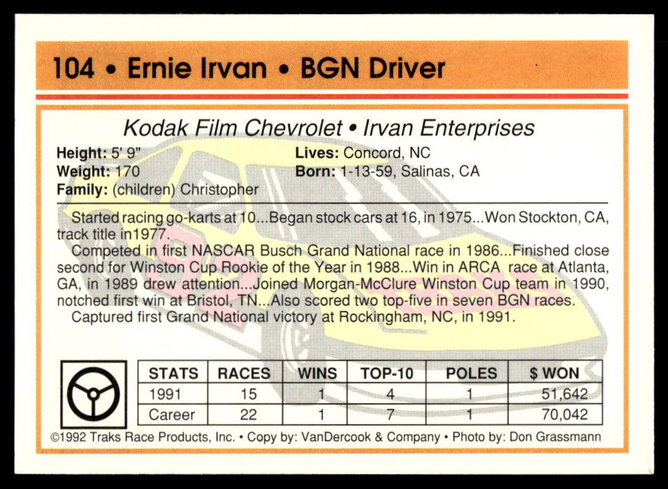 Ernie Irvan 1992 Traks Base Back of Card