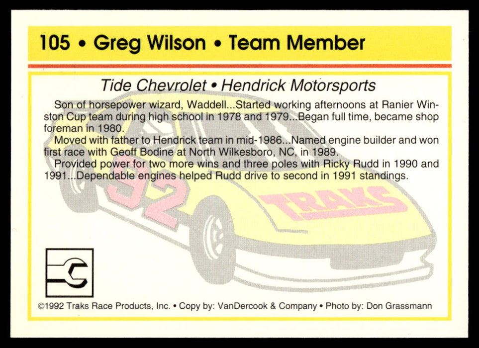 Greg Wilson 1992 Traks Base Back of Card