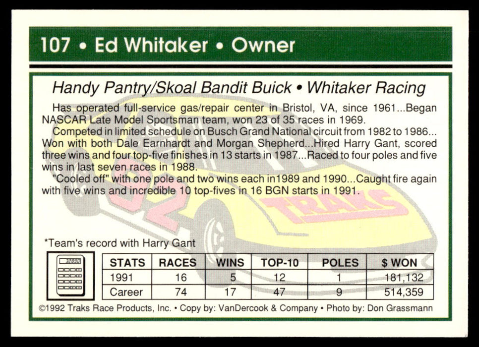 Ed Whitaker 1992 Traks Base Back of Card