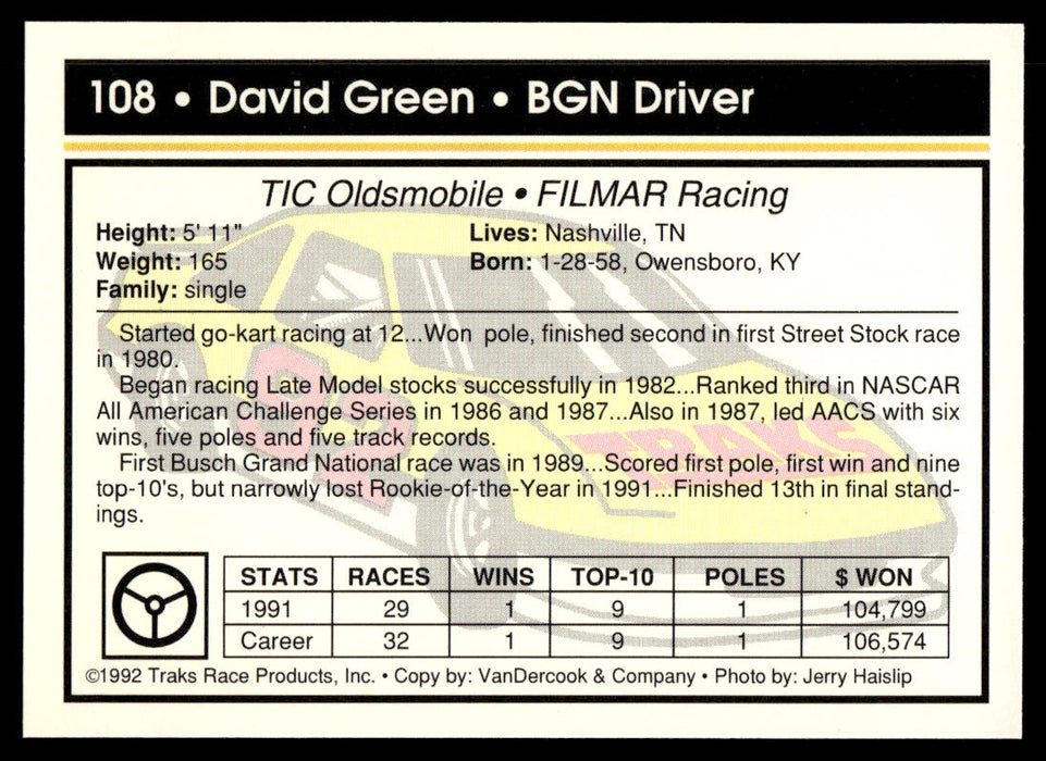 David Green 1992 Traks Base Back of Card