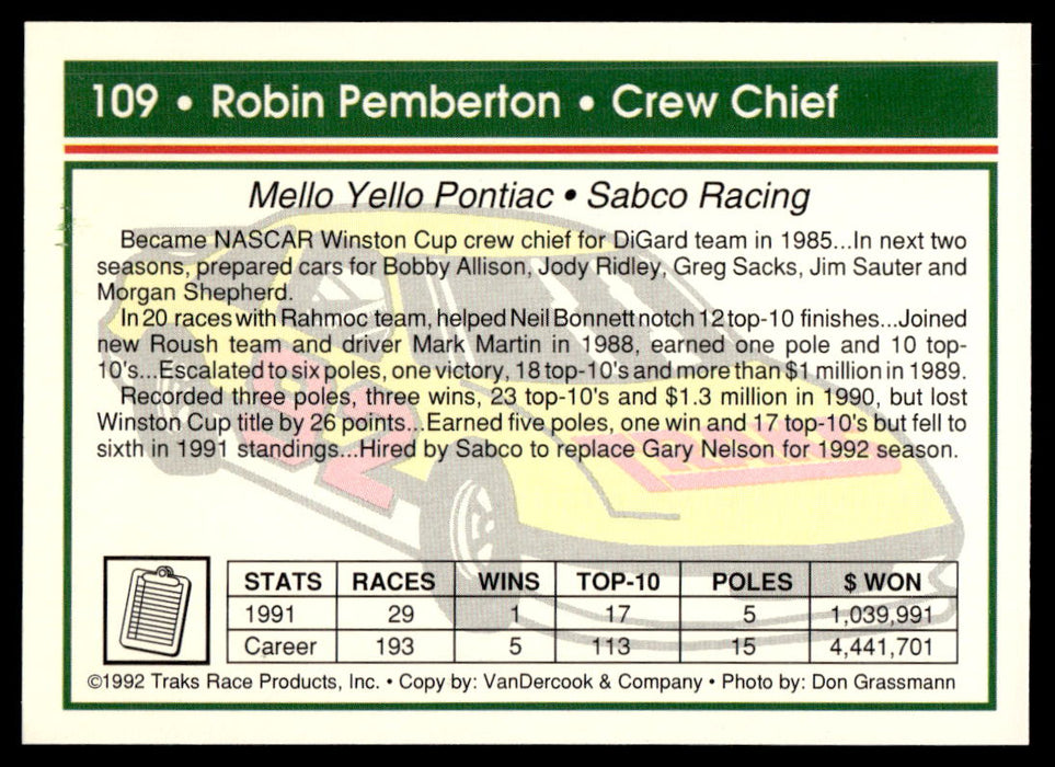 Robin Pemberton 1992 Traks Base Back of Card