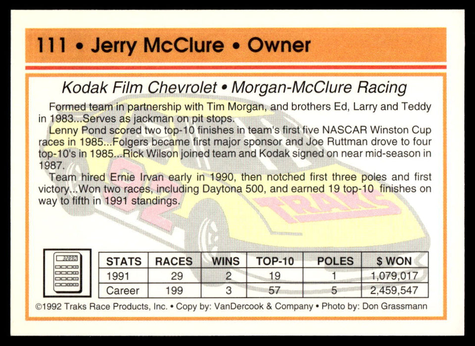 Jerry McClure 1992 Traks Base Back of Card