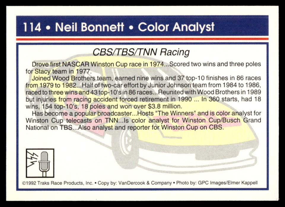 Neil Bonnett 1992 Traks Base Back of Card