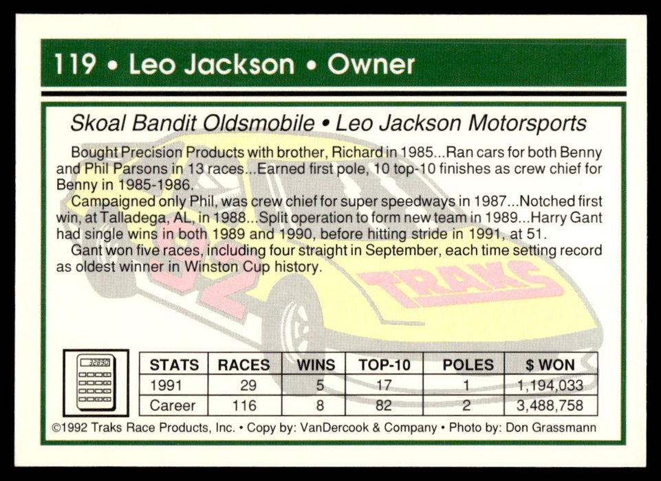 Leo Jackson 1992 Traks Base Back of Card