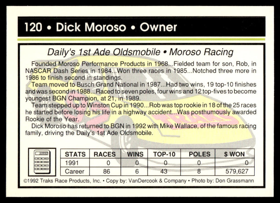 Dick Moroso 1992 Traks Base Back of Card