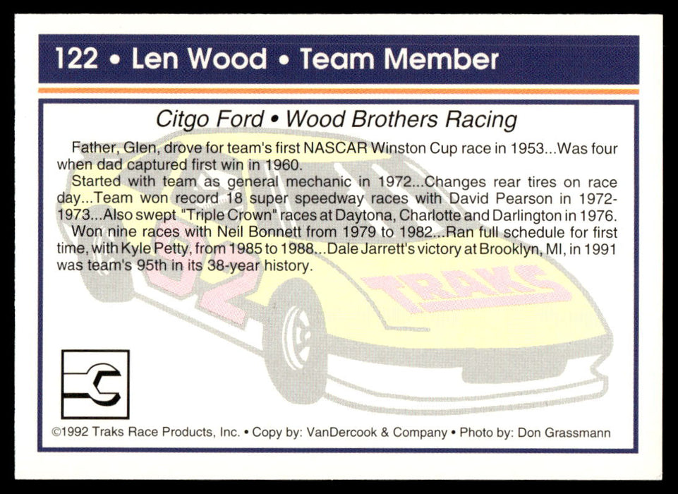 Len Wood 1992 Traks Base Back of Card