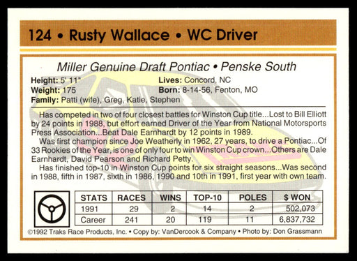 Rusty Wallace 1992 Traks Base Back of Card