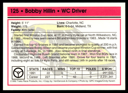 Bobby Hillin 1992 Traks Base Back of Card