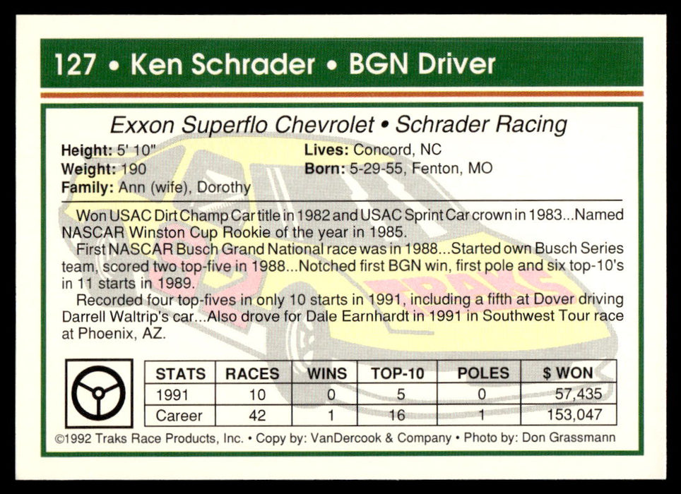 Ken Schrader 1992 Traks Base Back of Card