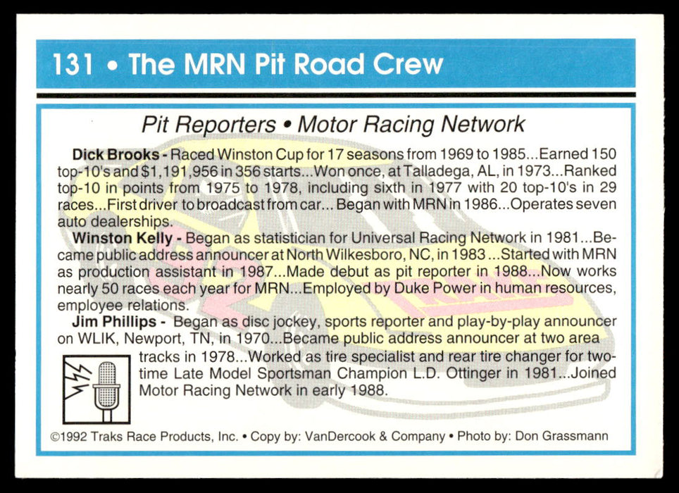 The MRN Pit Road Crew 1992 Traks Base Back of Card