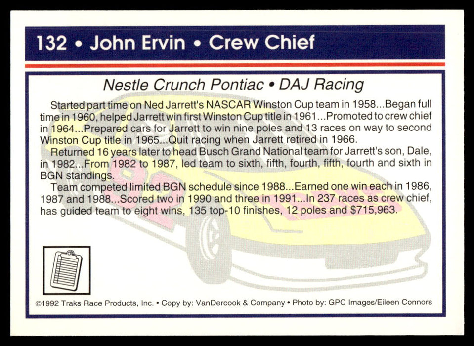 John Ervin 1992 Traks Base Back of Card