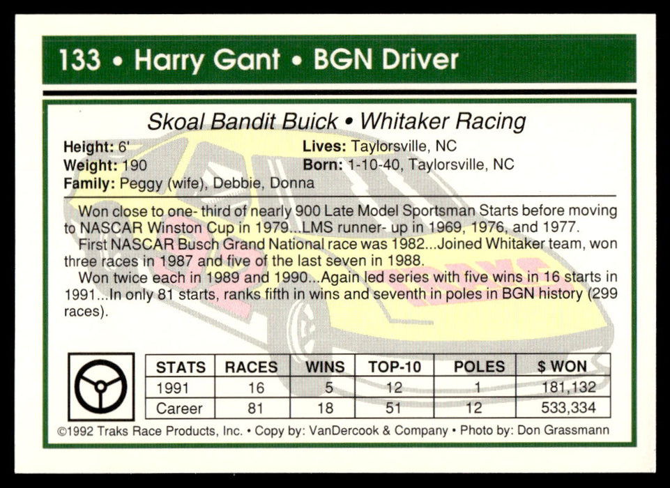 Harry Gant 1992 Traks Base Back of Card