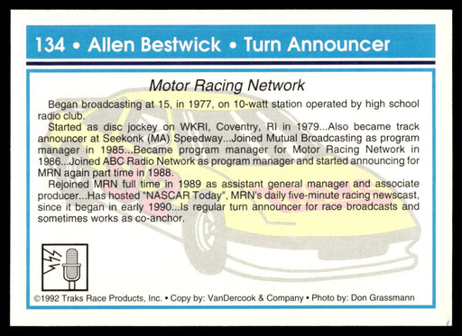 Allen Bestwick 1992 Traks Base Back of Card