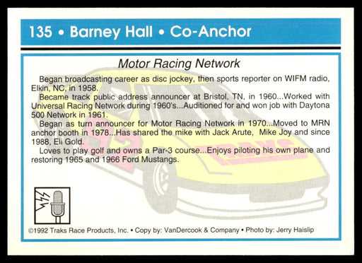 Barney Hall 1992 Traks Base Back of Card