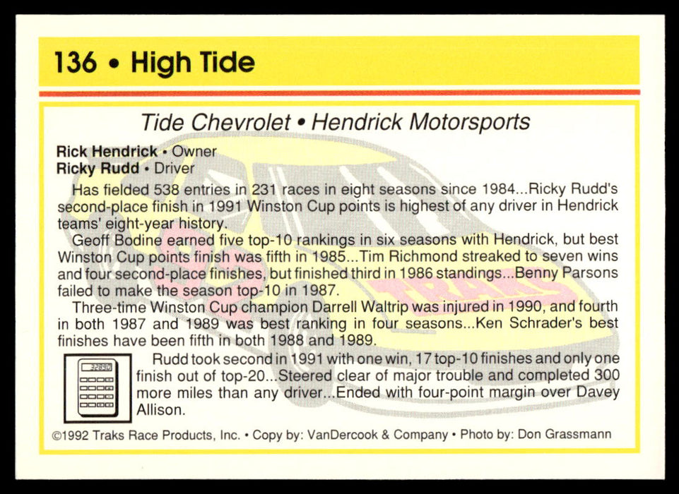 Ricky Rudd/Rick Hendrick 1992 Traks Base Back of Card