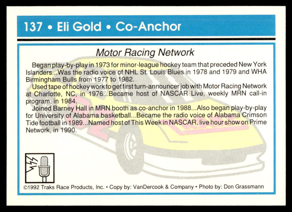 Eli Gold 1992 Traks Base Back of Card