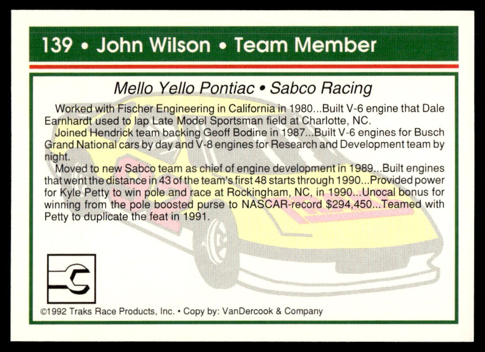 John Wilson 1992 Traks Base Back of Card