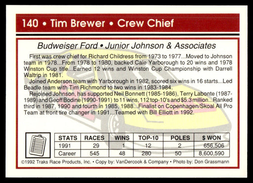 Tim Brewer 1992 Traks Base Back of Card