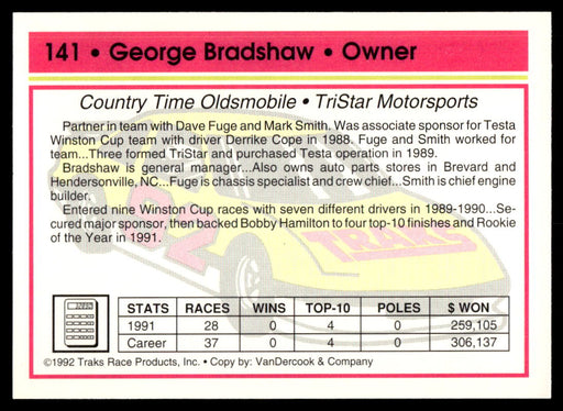 George Bradshaw 1992 Traks Base Back of Card