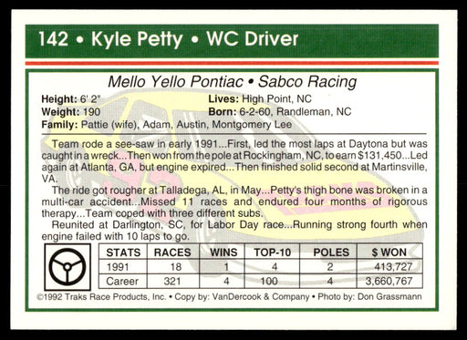 Kyle Petty 1992 Traks Base Back of Card