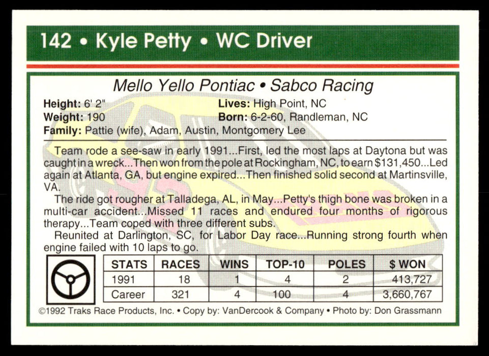 Kyle Petty 1992 Traks Base Back of Card