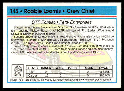 Robbie Loomis 1992 Traks Base Back of Card