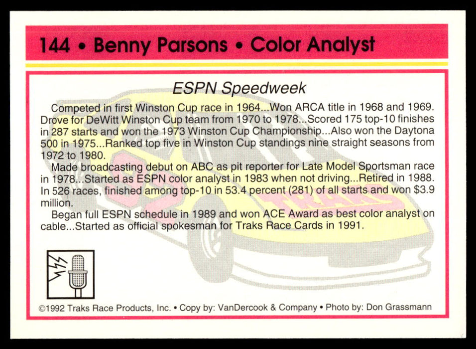 Benny Parsons 1992 Traks Base Back of Card