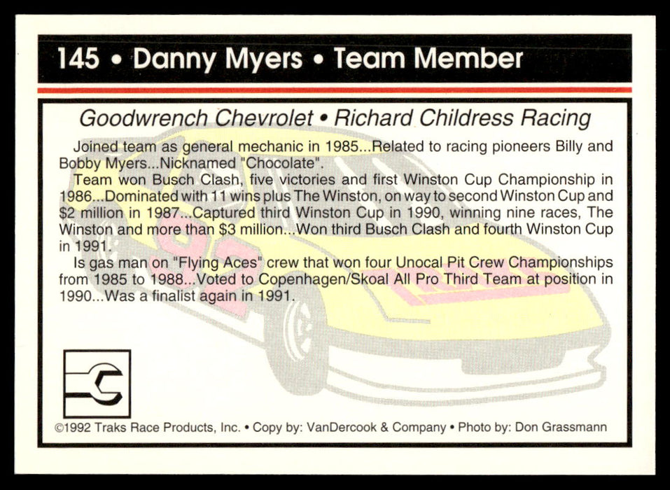 Danny Myers 1992 Traks Base Back of Card