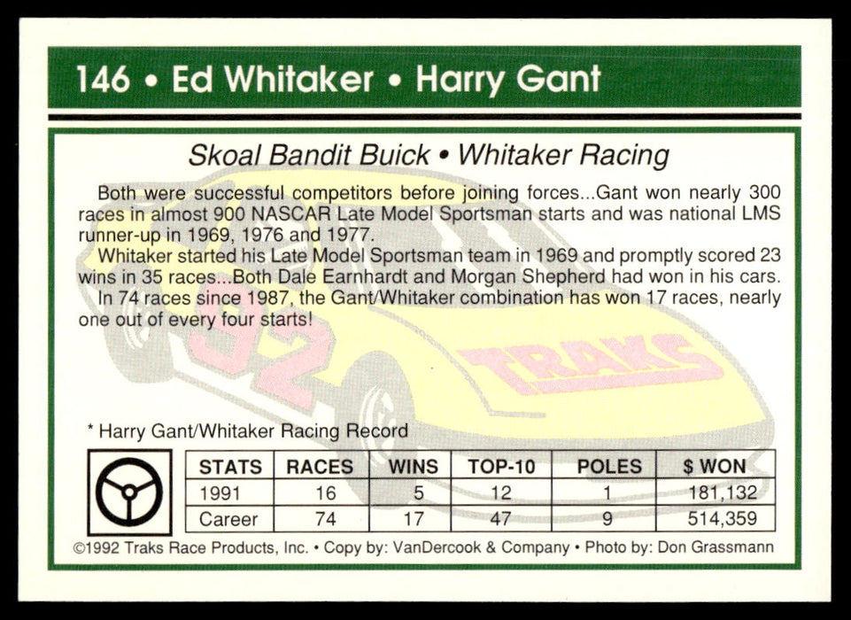 Ed Whitaker/Harry Gant 1992 Traks Base Back of Card